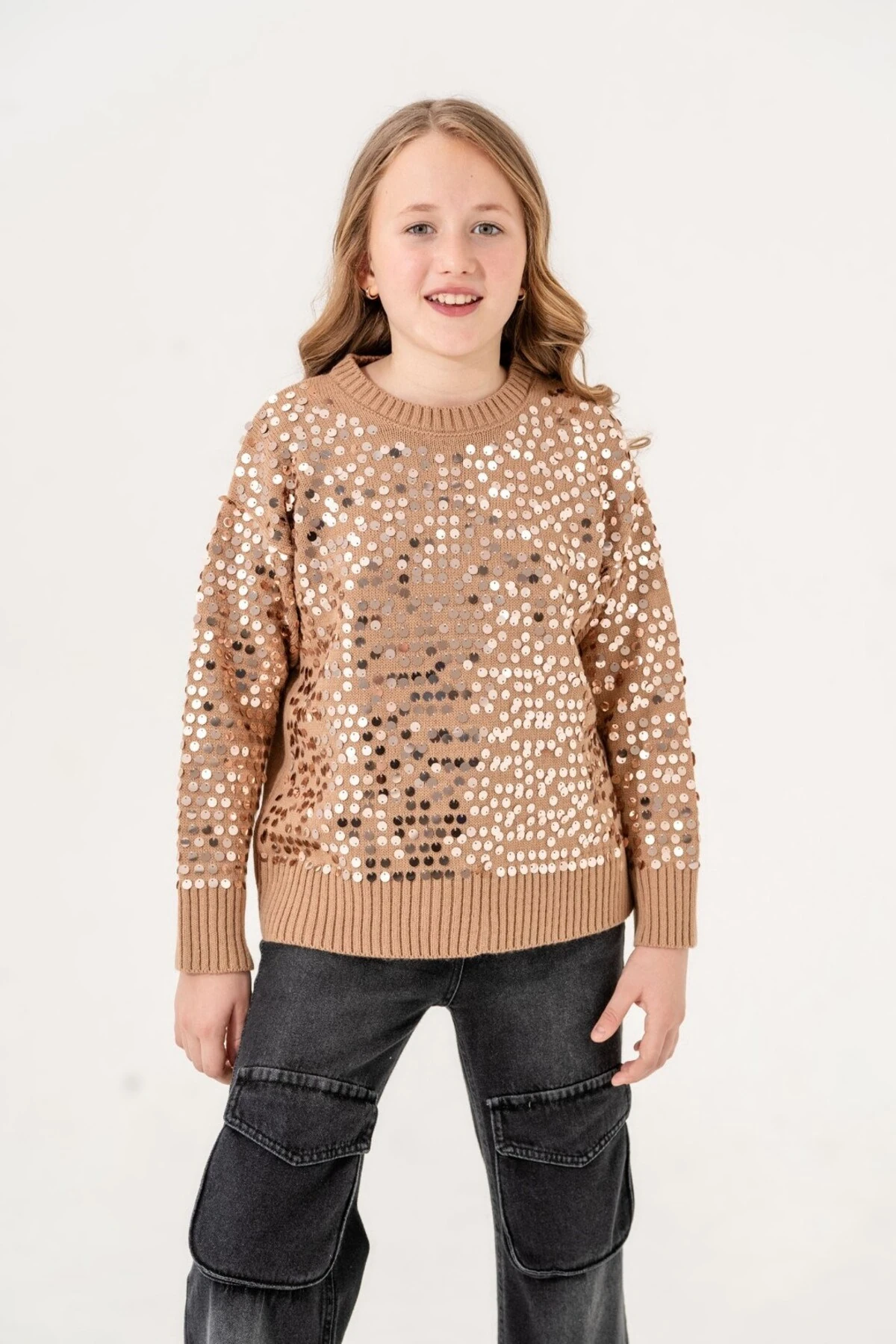 Kız Çocuk 9-15 Yaş Pullu Akrilik Kazak, Pullu Triko Çocuk Kazağı l 9-10-11-12-13-14-15 Yaş Kız Kazak - KAHVE
