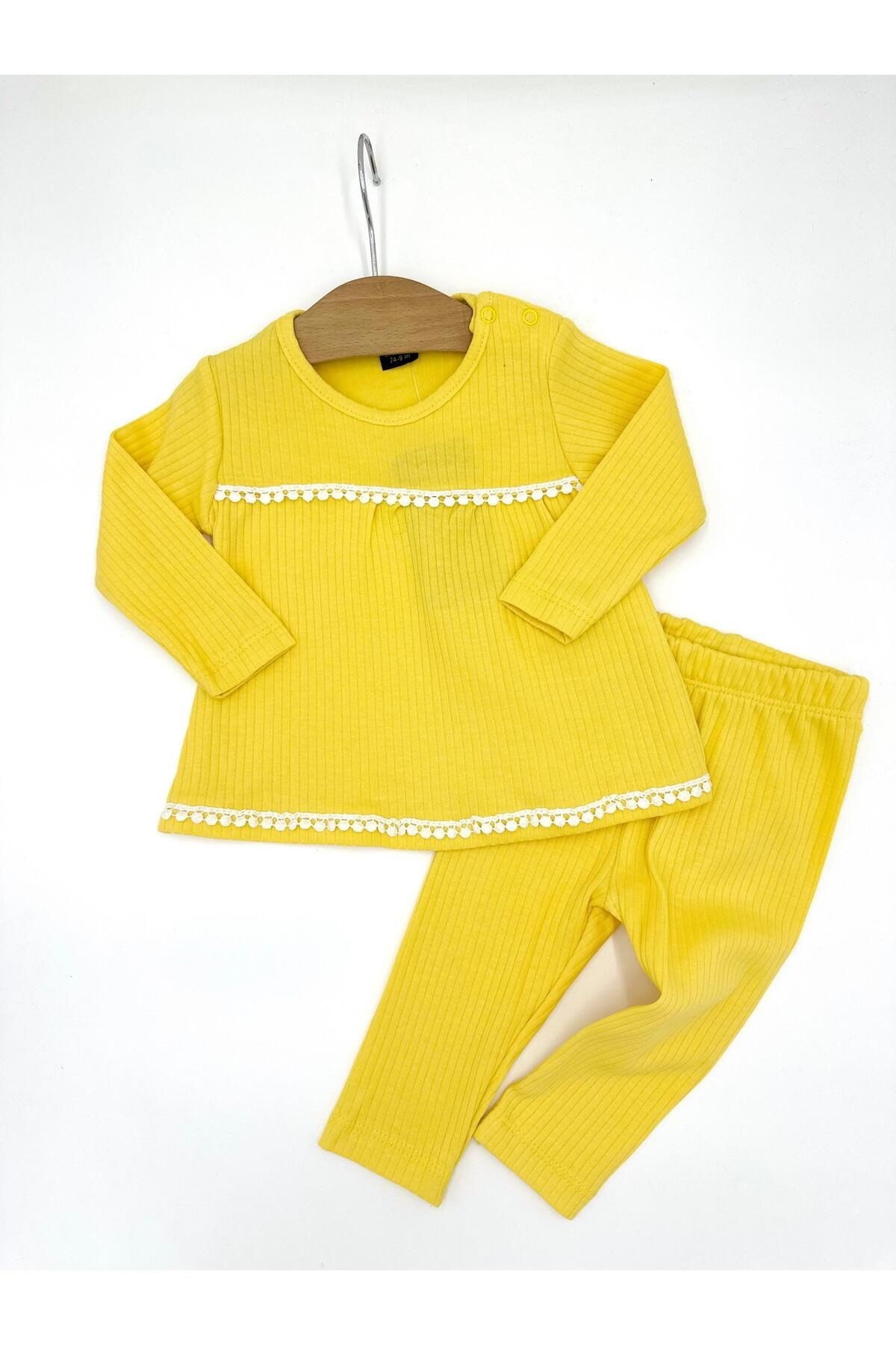 FİTİLLİ DANTEL GÜPÜRLÜ KIZ BEBEK TAKIMI , MEVSİMLİK, UZUN KOLLU,  FİTİLLİ KIZ BEBEK TAKIMI 6-24 AY R960 - SARI