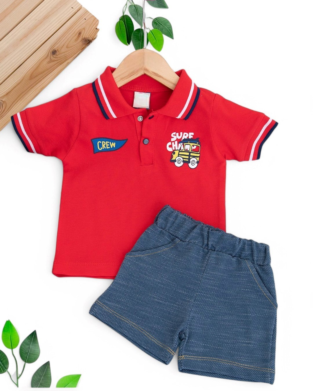 ERKEK BEBEK YAZLIK POLO YAKALI KOT GÖRÜNÜMLÜ YUMUŞAK ŞORTLU 2'Lİ 6-9-12-18-24 AY BEBEK TAKIMI R1693 - KIRMIZI