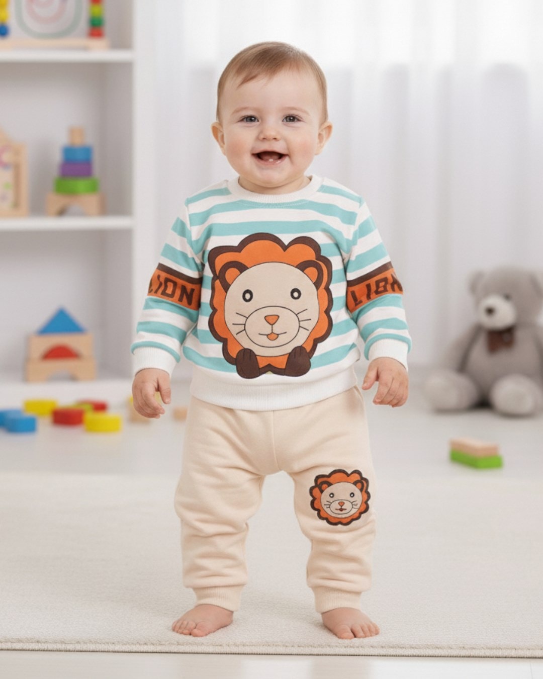     Aslan Desenli Bebek Takımı (3-18 Ay) - Çizgili Uzun Kollu Sweatshirt ve Eşofman Altı R2218 - MAVİ