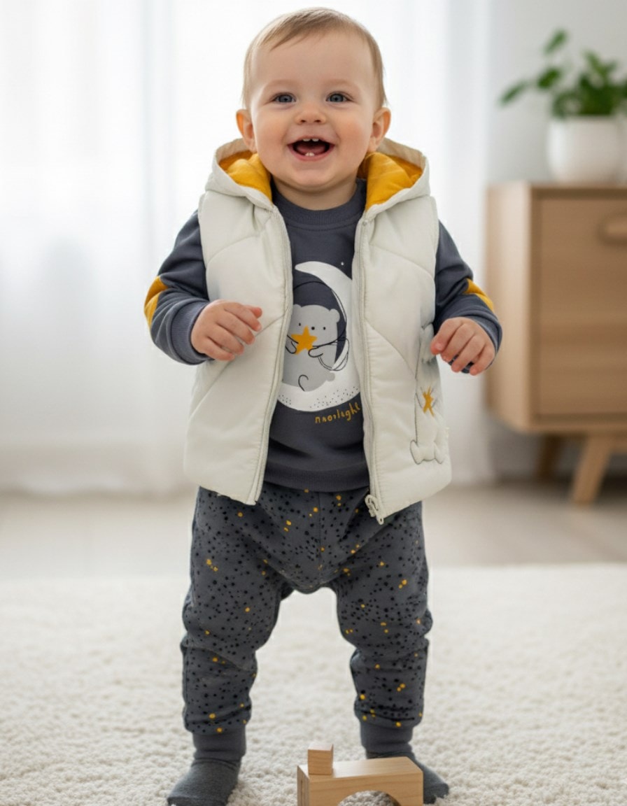 Erkek Bebek Mevsimlik Şişme Yelekli Hilal Nakışlı, 3 Parça 6-9-12-18 Ay Alt Üst Takım R2313