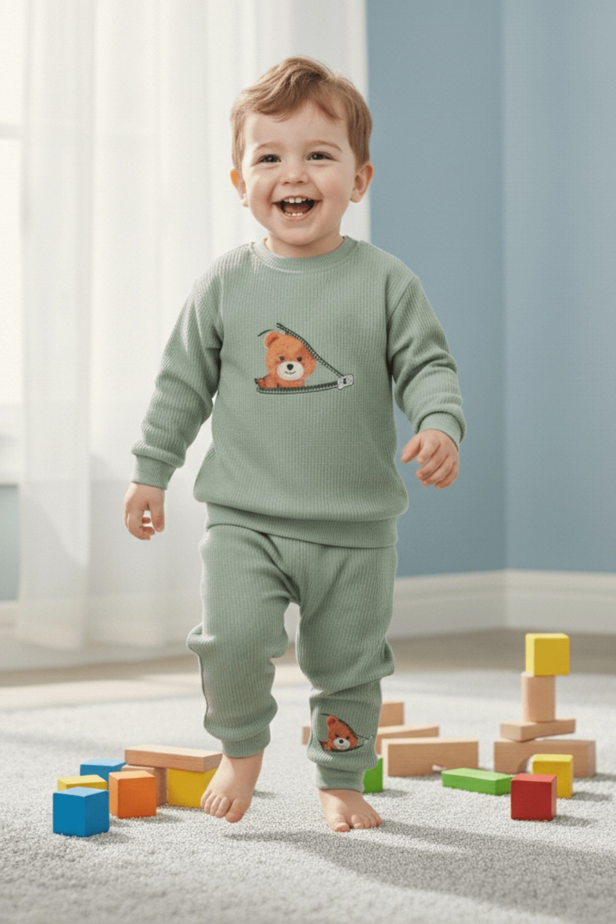 Ayıcıklı Fermuar Desenli Fitilli Pamuklu Erkek Bebek Takımı | Bebek Eşofman Pijama Alt Üst Takım R2208 - YEŞİL