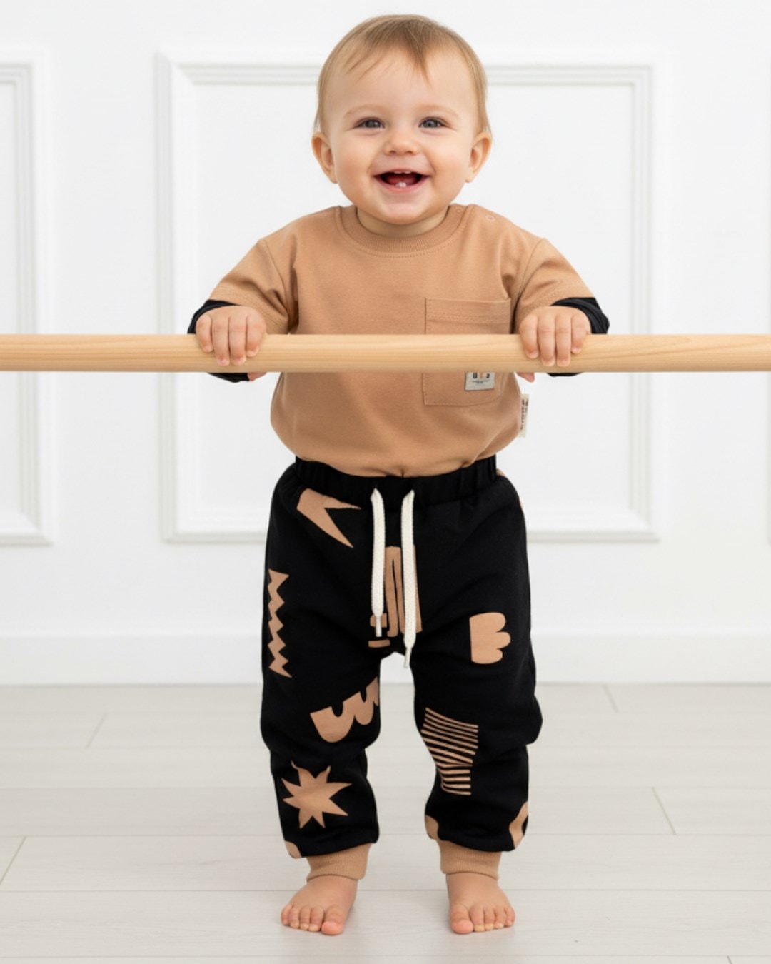 Erkek Bebek Mevimlik %100 Pamuklu, Cep Detaylı, 2 İplik 6-9-12-18-24 Ay Alt Üst Takım R2070 - AÇIK KAHVERENGİ