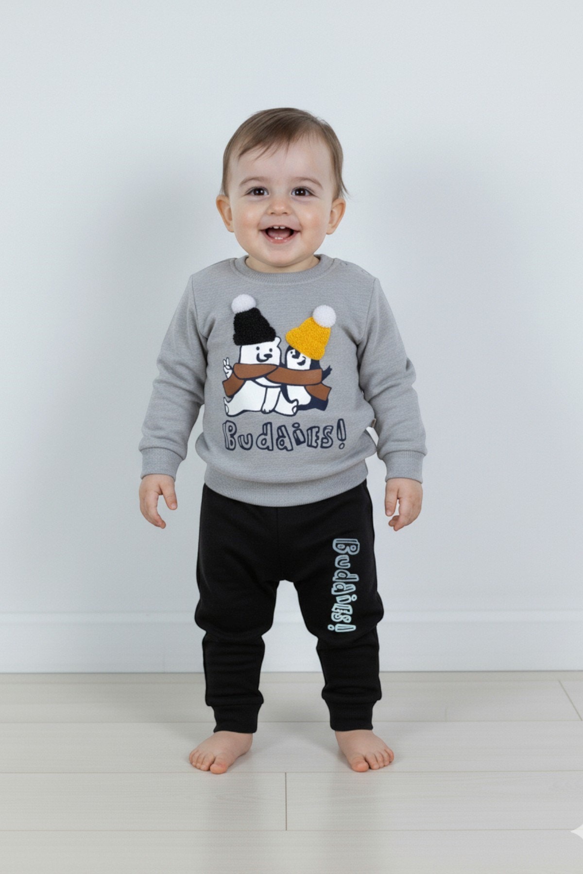 Erkek Bebek Mevsimlik Bisiklet Yaka Uzun Kollu Erkek Bebek Takımı 6-24 Ay R962 - GRİ