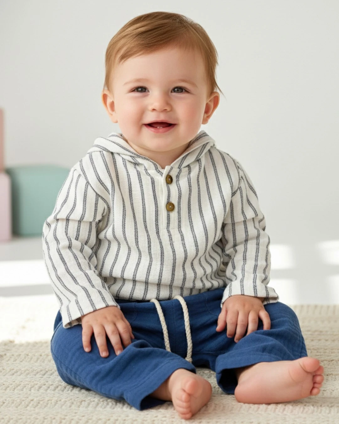 Erkek Bebek Çizgili Müslin Takım, İnce Kapüşonlu 6-9-12-18-24 Ay Müslin Takım R2347