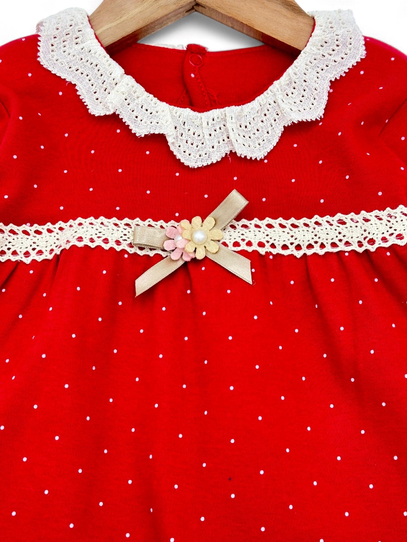 Kız Bebek 6-9-12-18-24-36 Ay, Dantel Detaylı Kırmızı Puantiyeli Elbise, %100 Pamuklu, Mevsimlik  R1457