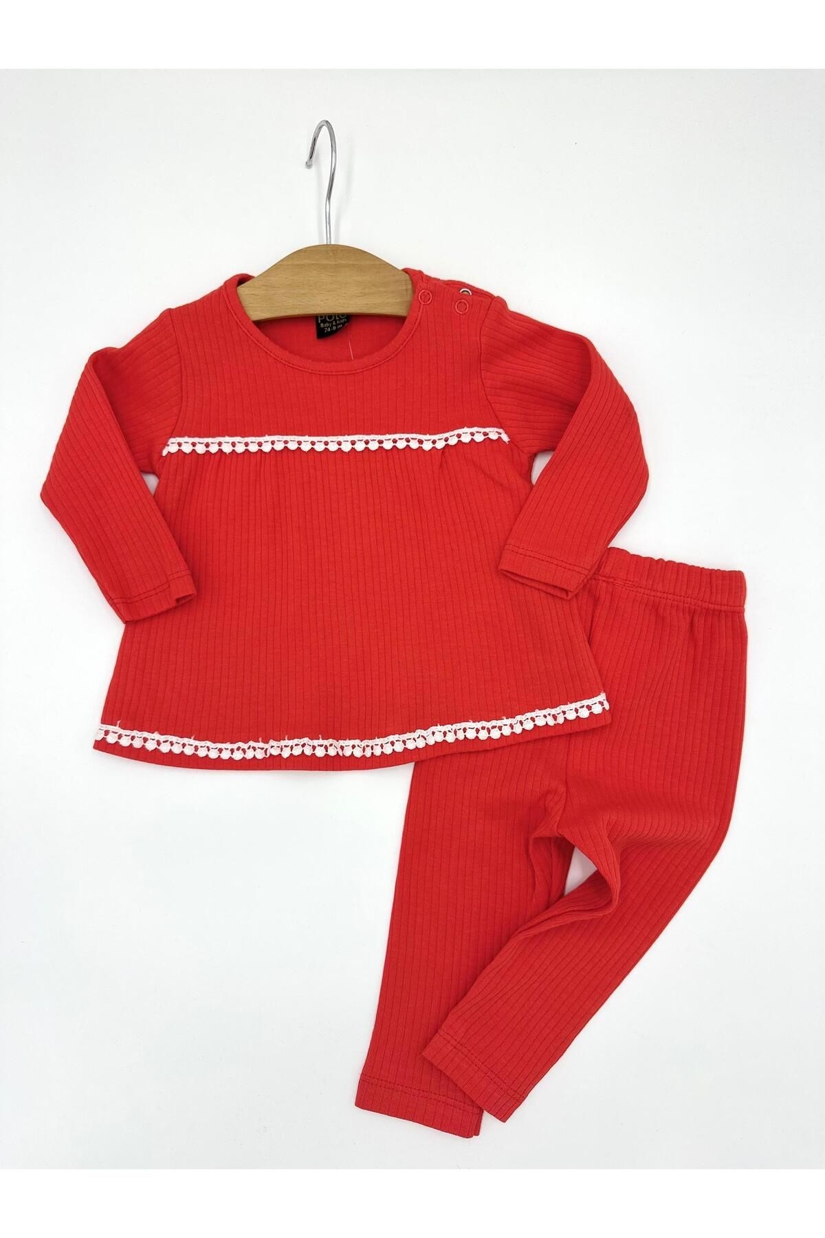 FİTİLLİ DANTEL GÜPÜRLÜ KIZ BEBEK TAKIMI , MEVSİMLİK, UZUN KOLLU,  FİTİLLİ KIZ BEBEK TAKIMI 6-24 AY R960 - KIRMIZI