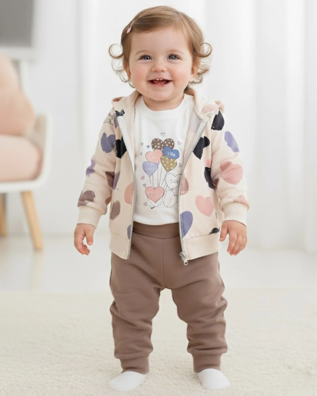 Kalp Desenli Kapüşonlu Hırkalı Kız Bebek Eşofman Takımı 3’lü Set 6-9-12-18-24 Ay l %100 Pamuk R2340 - BEJ