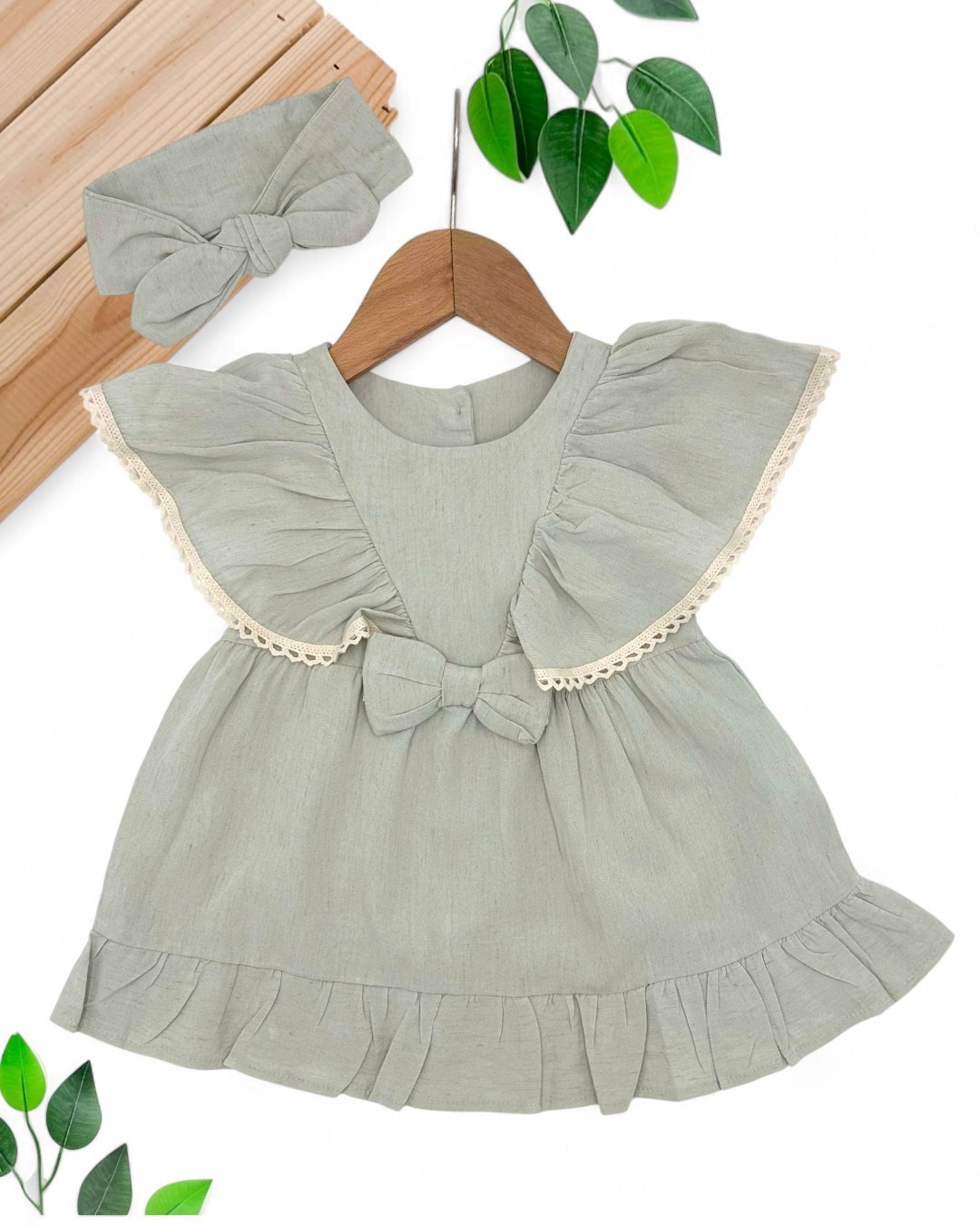KIZ BEBEK YUMUŞAK İNCE KETEN YAZLIK 3-6-9-12-18 AY MELEK ELBİSE VE SAÇ BANDI / BANDANALI ELBİSE R1828 - SU YEŞİLİ