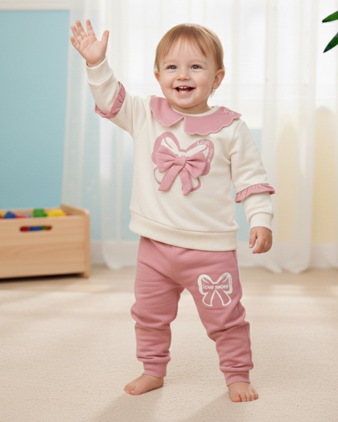 Kız Bebek Fiyonk Aksesuarlı Mevsimlik Dantel Yakalı 6-9-12-18-24 Ay Bebek Takımı R1484 - PEMBE