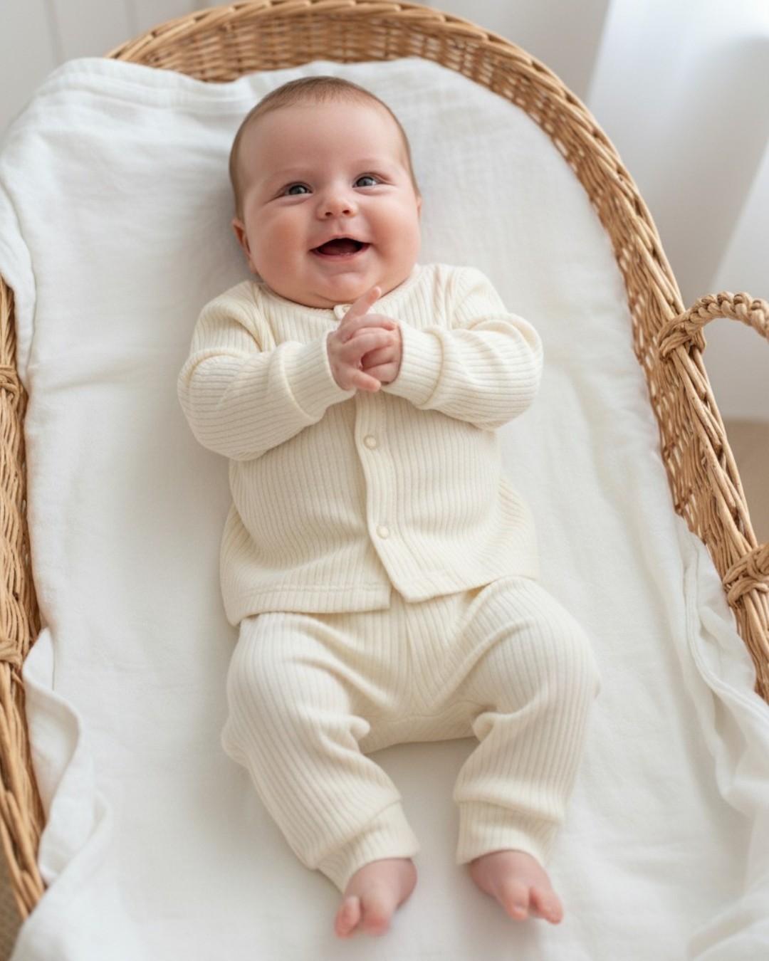 Krem Renk Kız ve Erkek Bebekler İçin Fitilli Çıtçıtlı Mevsimlik 3-6-9-12 Ay Pijama Takımı R1052