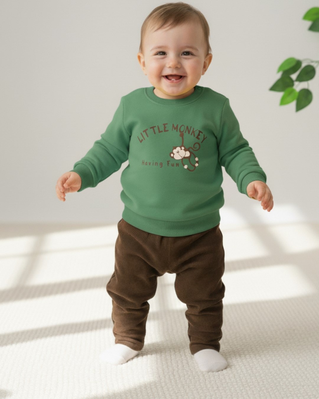 Erkek Bebek Kadife Pantalonlu, Hafif Şardonlu 2 İplik Sweathirt, 3-6-9-12-18-24 Ay 2'li Şık Takım R2135 - YEŞİL