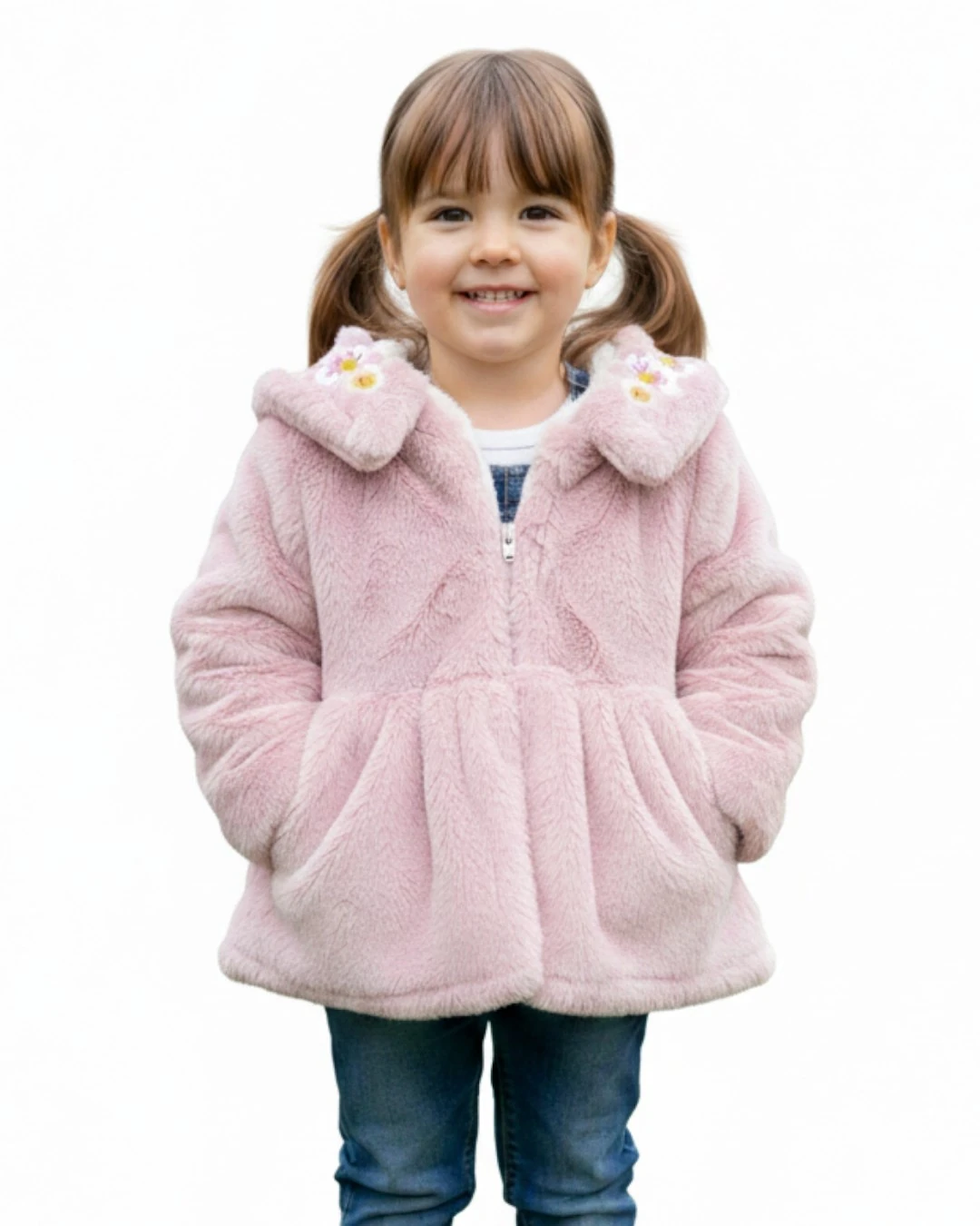 Kız Çocuk 2-3-4-5-6-7 Yaş Yakası Çiçek Nakışlı Peluş Mont R2243
