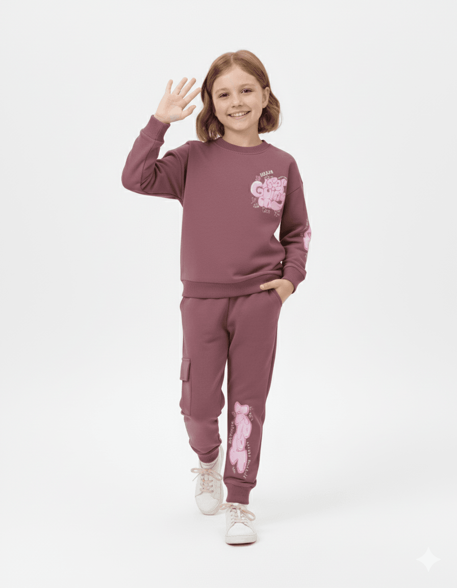Kız Çocuk Sırtı Baskılı Sweatshirt ve Kargo Cepli Eşofman Altlı 6-7-8-9-10 Yaş Eşofman Takımı  R2143 - MÜRDÜM