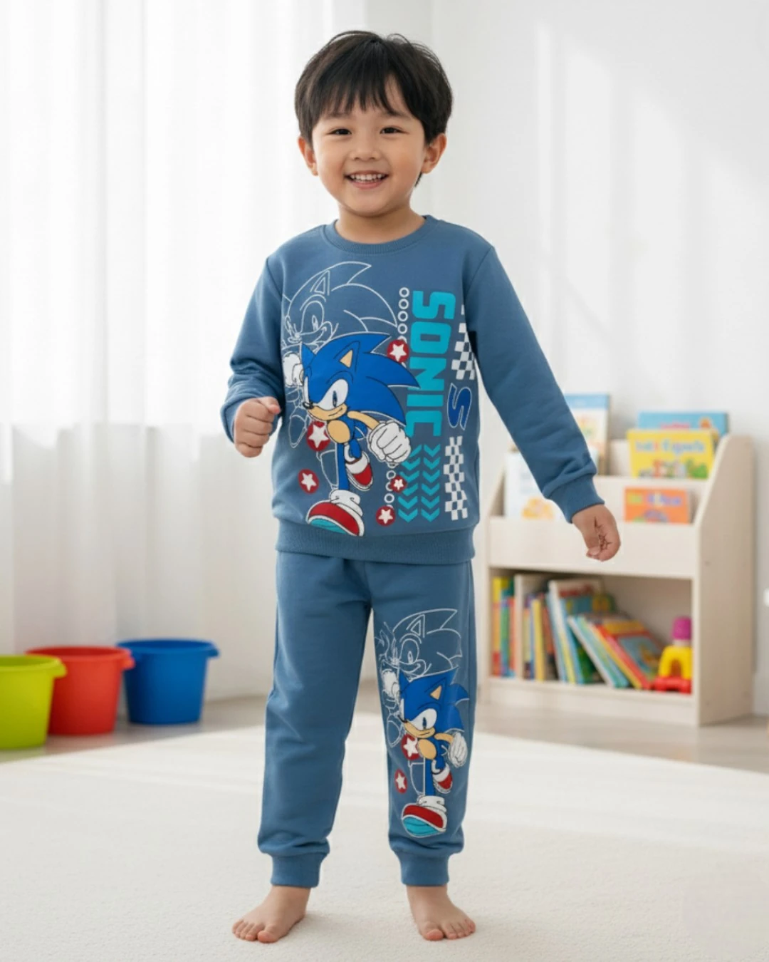 Sonic Baskılı Erkek Çocuk Mevsimlik İnce Eşofman Takımı l İnterlok Kumaş %100 Pamuklu l 2-10 Yaş l R2251 - İndigo