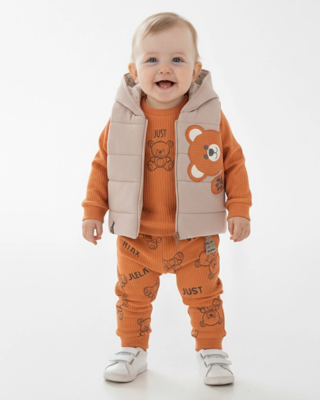 Erkek Bebek Şişme Yelekli 3 Parça Şık Alt Üst Takım / 6-9-12-18 Ay Mevsimlik 3'lü Cool Takım R2305 - TAŞ