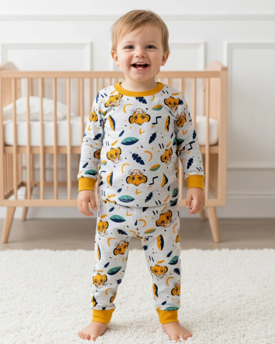 Erkek Bebek Aslan Kral Baskılı Mevsimlik %100 Pamuklu Bisiklet Yakalı Gecelik Pijama Takımı 0-6 Yaş R2253 