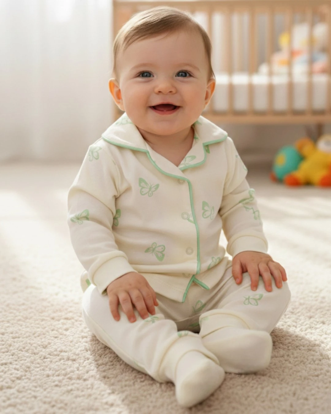 Kız Bebek Kelebek Baskılı Kruvaze Yakalı %100 Pamuklu Lüx Gecelik Alt Üst 2'li Takım R2376 - YEŞİL