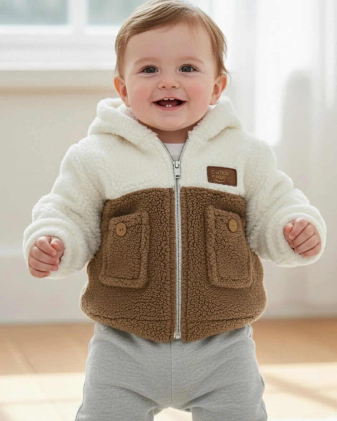 Erkek Bebek Kışlık Welsoft Kapüşonlu Hırka, 6-9-12-18 Ay Peluş Bebek Ceket, Bebek Kaban R2401 - KAHVE