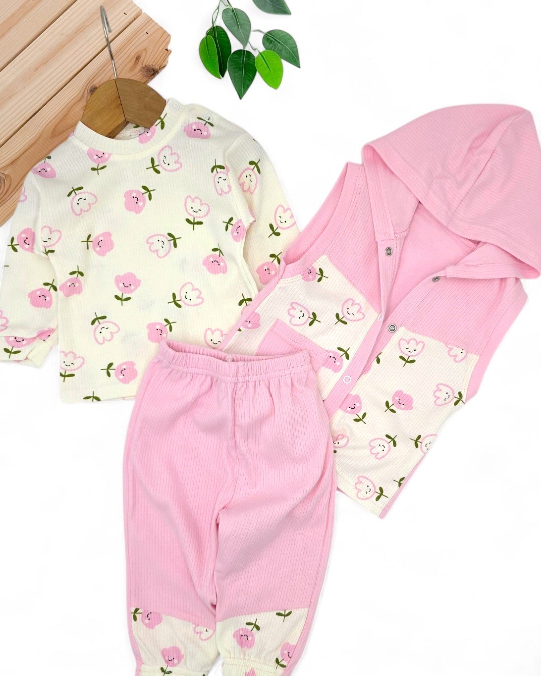 Kız Bebek Fitilli LaLe Baskılı Yelekli 3 Parça Şirin 6-12 Ay Bebek Takımı R2175