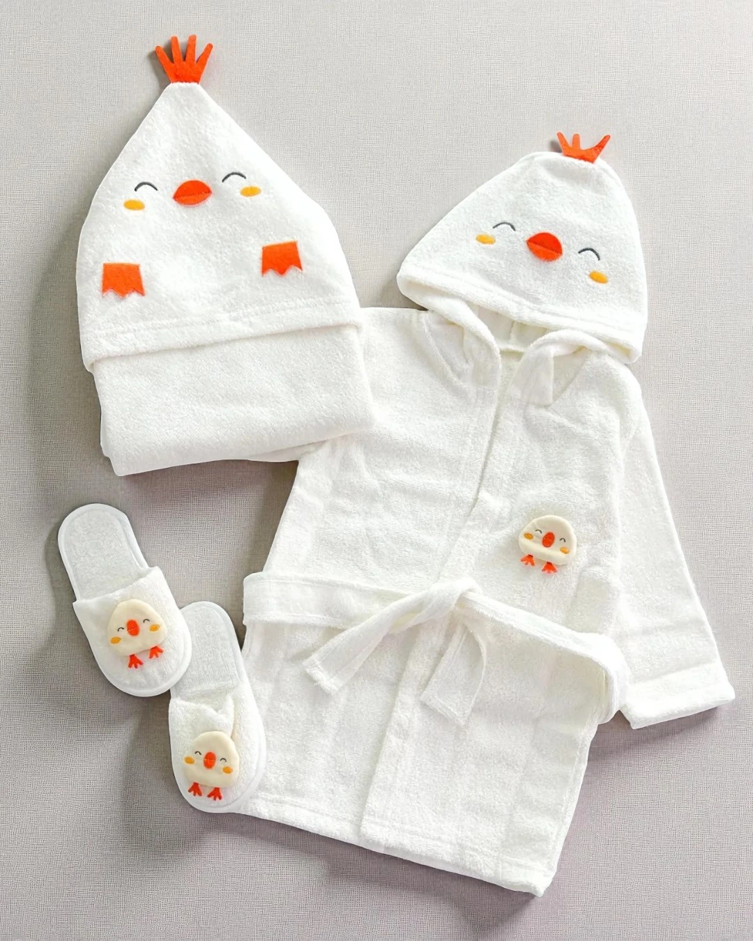 Bebek Kuş Nakışlı 4'lü Havlu & Bornoz Banyo Seti, Yeni Doğan Bornoz Takımı BN15