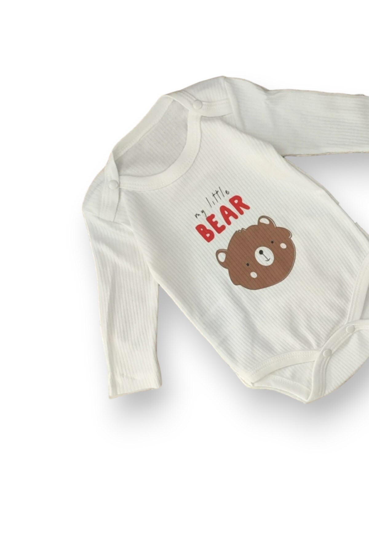 ERKEK BEBEK YENİDOĞAN AYI DESENLİ FİTİLLİ ÇITÇITLI BADİ VE ALTLI NATURAL PAMUK BEBEK TAKIMI 0-9 AY R826