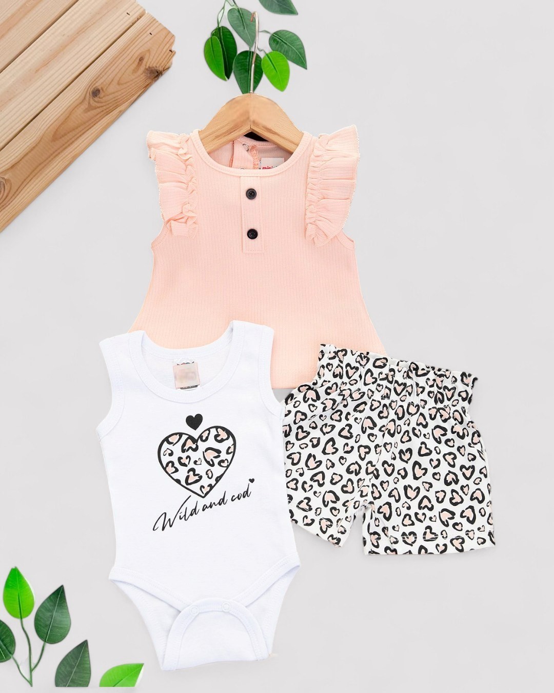 KIZ BEBEK  0-3-6-9-12 AY YAZLIK LEOPAR ŞORTLU FİTİLLİ BLUZ VE ÇITÇITLI BODYLİ 3'LÜ YENİ DOĞAN TAKIM  r1933 - SOMON