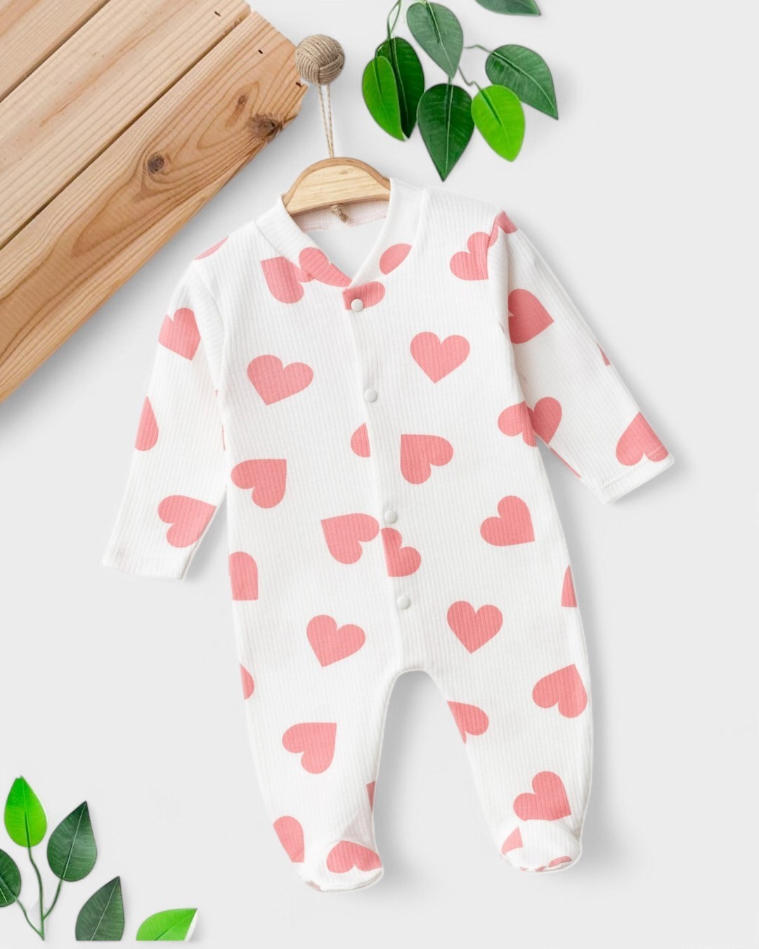 KIZ BEBEK BÜYÜK KALP BASKILI PATİKLİ İNCE MEVSİMLİK ÇITÇITLI YENİDOĞAN TULUMU 0-1-3-6 AY R1565 - PEMBE