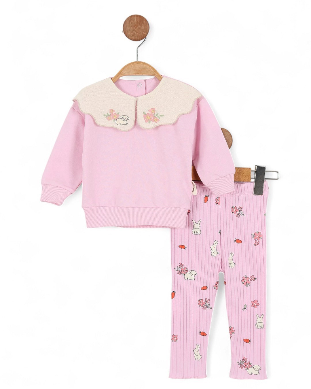 Kız Bebek Tavşan ve Çiçek Baskılı Taytlı 6-9-12-18-24 Ay Şık Kız Bebek Takımı R2091 - PEMBE