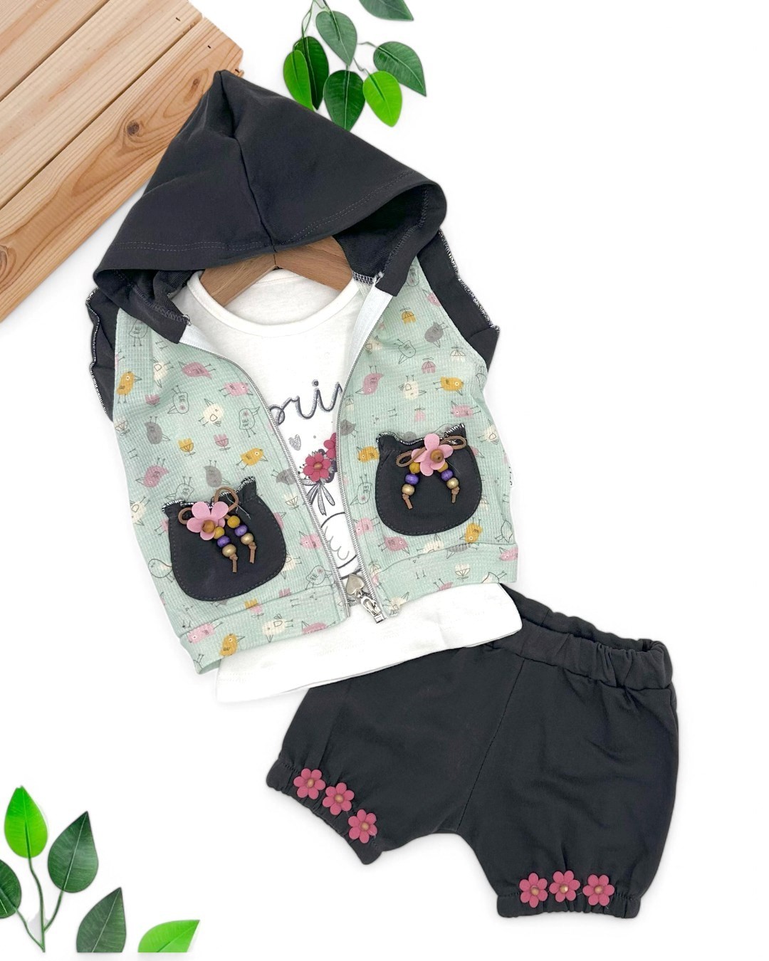KIZ BEBEK YAZLIK KAPÜŞONLU YELEKLİ T-SHIRTLÜ ŞORTLU 3'LÜ TAKIM R1769 - SU YEŞİLİ