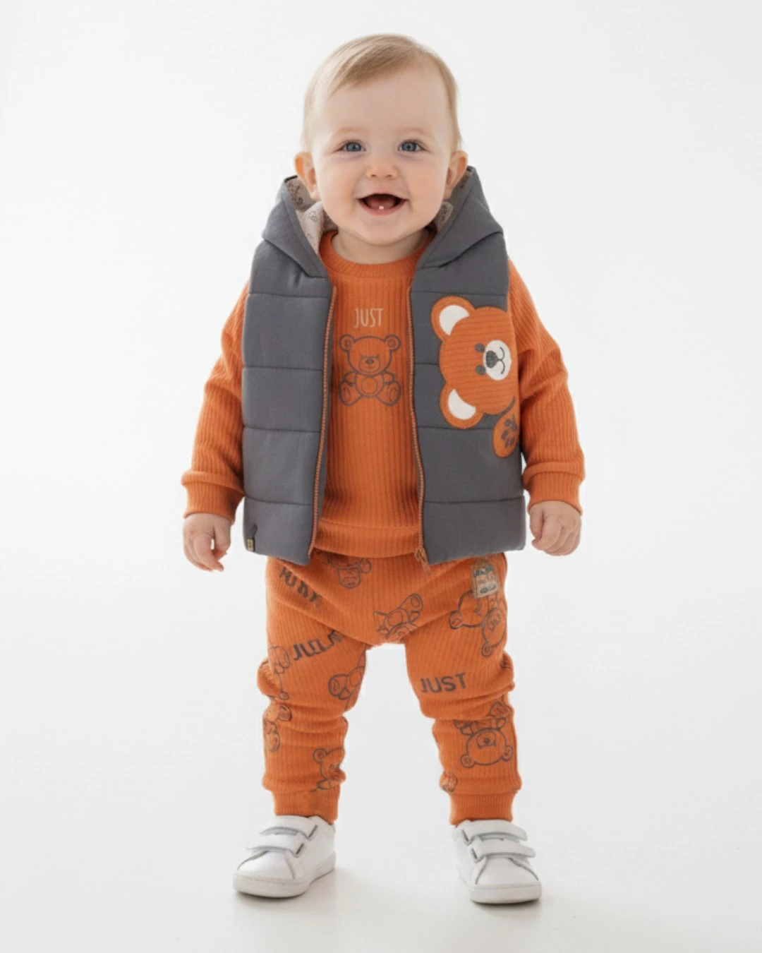 Erkek Bebek Şişme Yelekli 3 Parça Şık Alt Üst Takım / 6-9-12-18 Ay Mevsimlik 3'lü Cool Takım R2305 - ANTRASİT