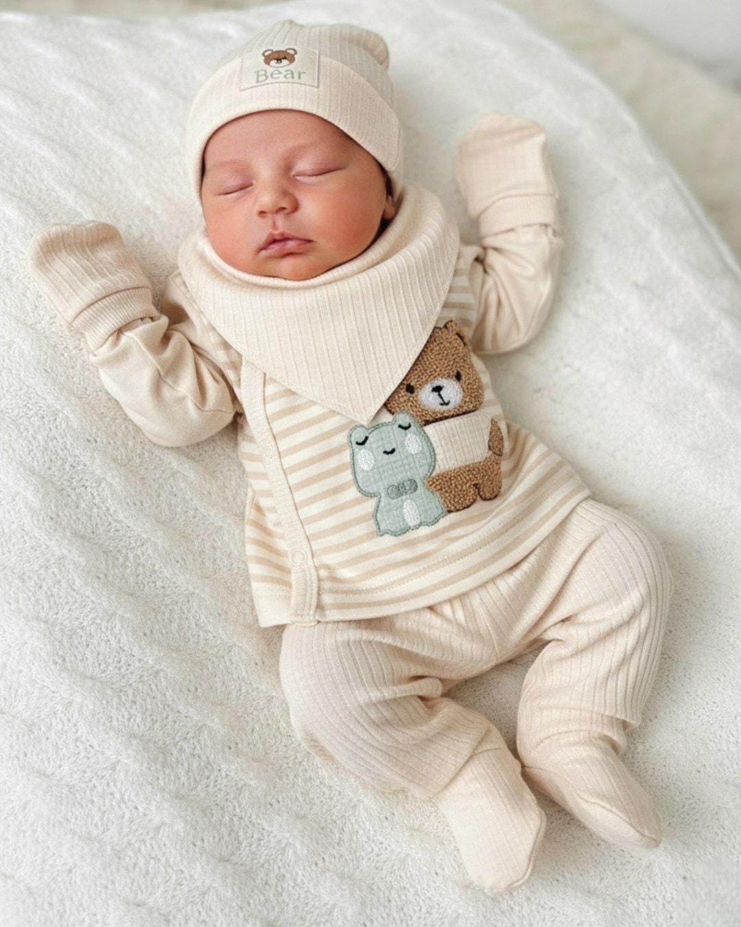 Erkek Bebek Çizgili Ayı Nakışlı 5 Parça Organik Hastane Çıkışı Zıbın Seti R1820 - KREM