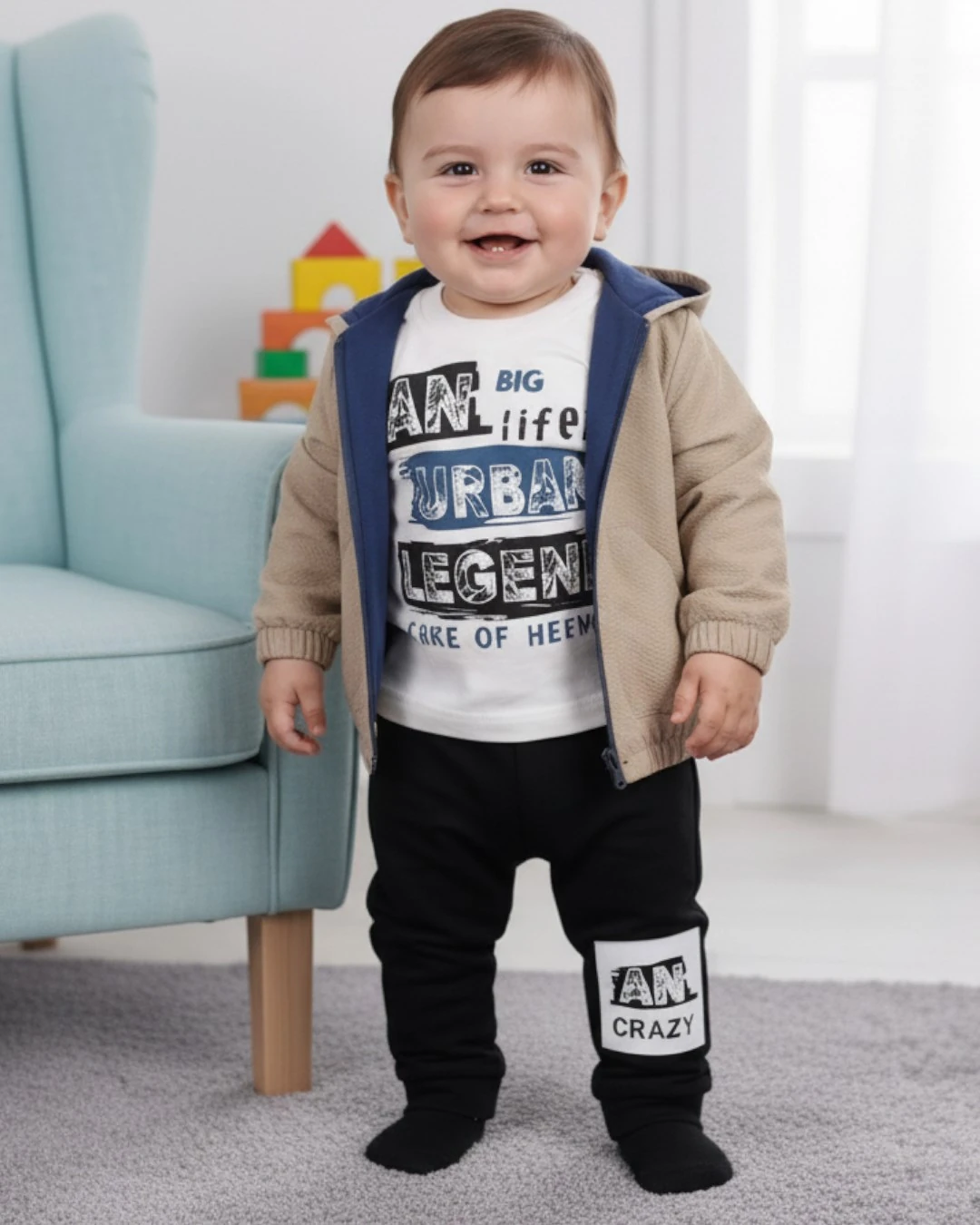 Erkek Bebek Yağmurluklu Kapüşonlu, 3 Parça Mevsimlik Alt Üst Takım l 3-6-9-12-18 Ay R2234 - BEJ