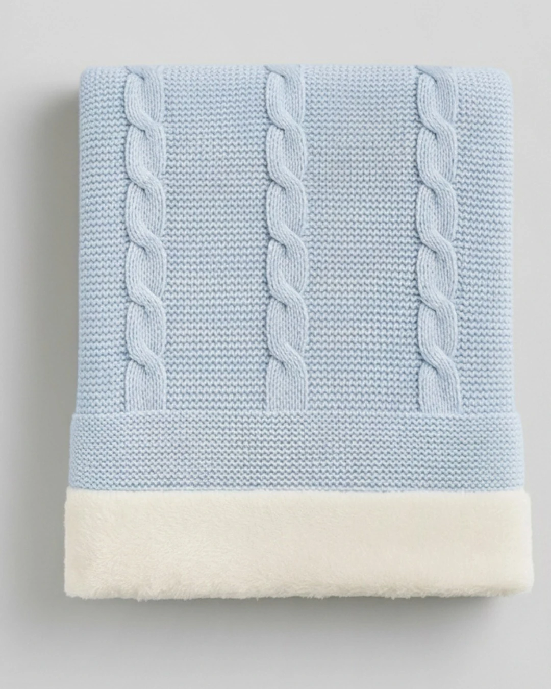 İçi Peluş Polar Dışı Triko Örgü Bebek Battaniyesi Kalın,Yumuşak,Saç Örgü Desenli 90x90 cm R2354 - MAVİ