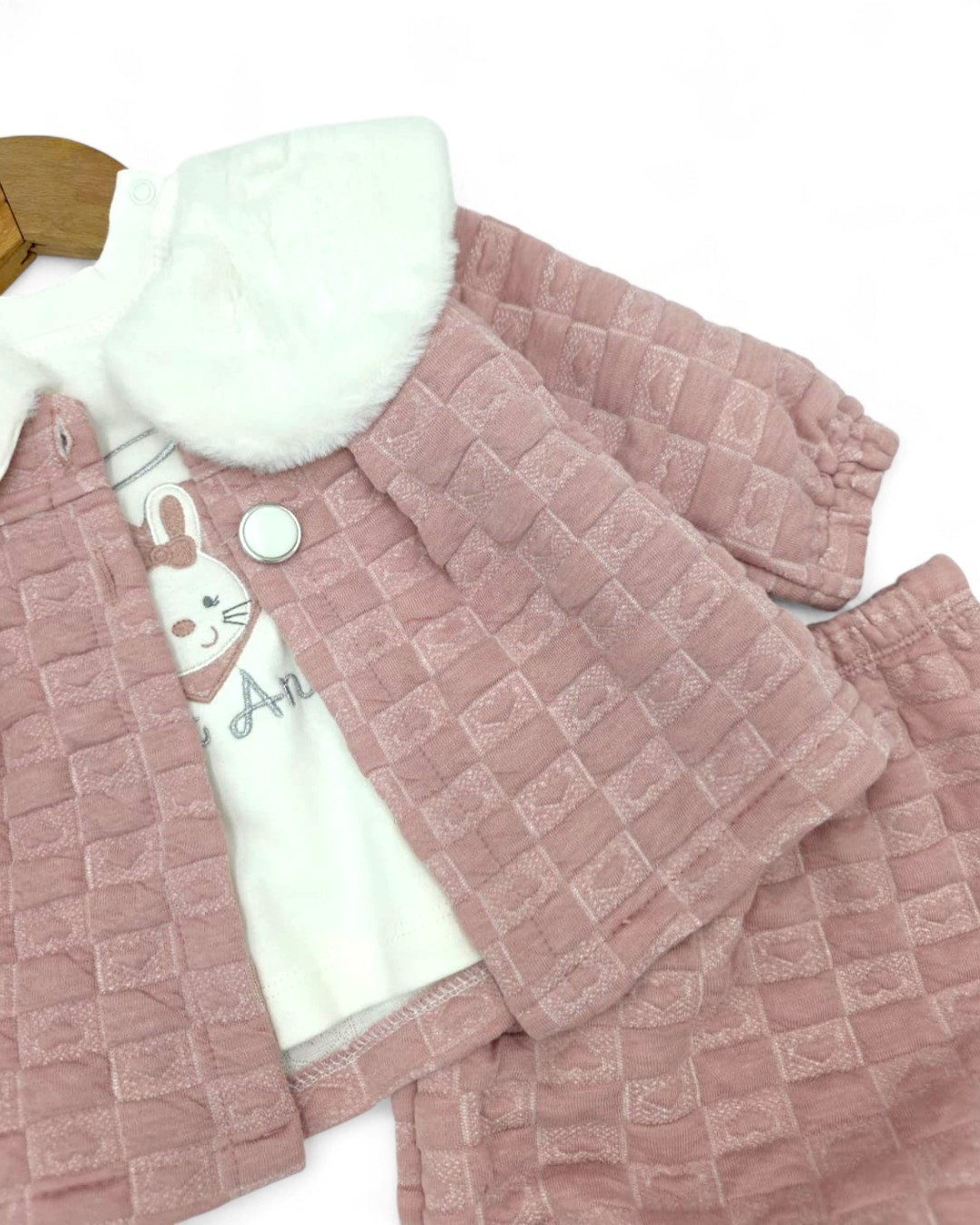 Kız Bebek Peluş Yaka Detaylı 0-3-6-9 Ay Mevsimlik 3 Parça Ceketli Takım R2035