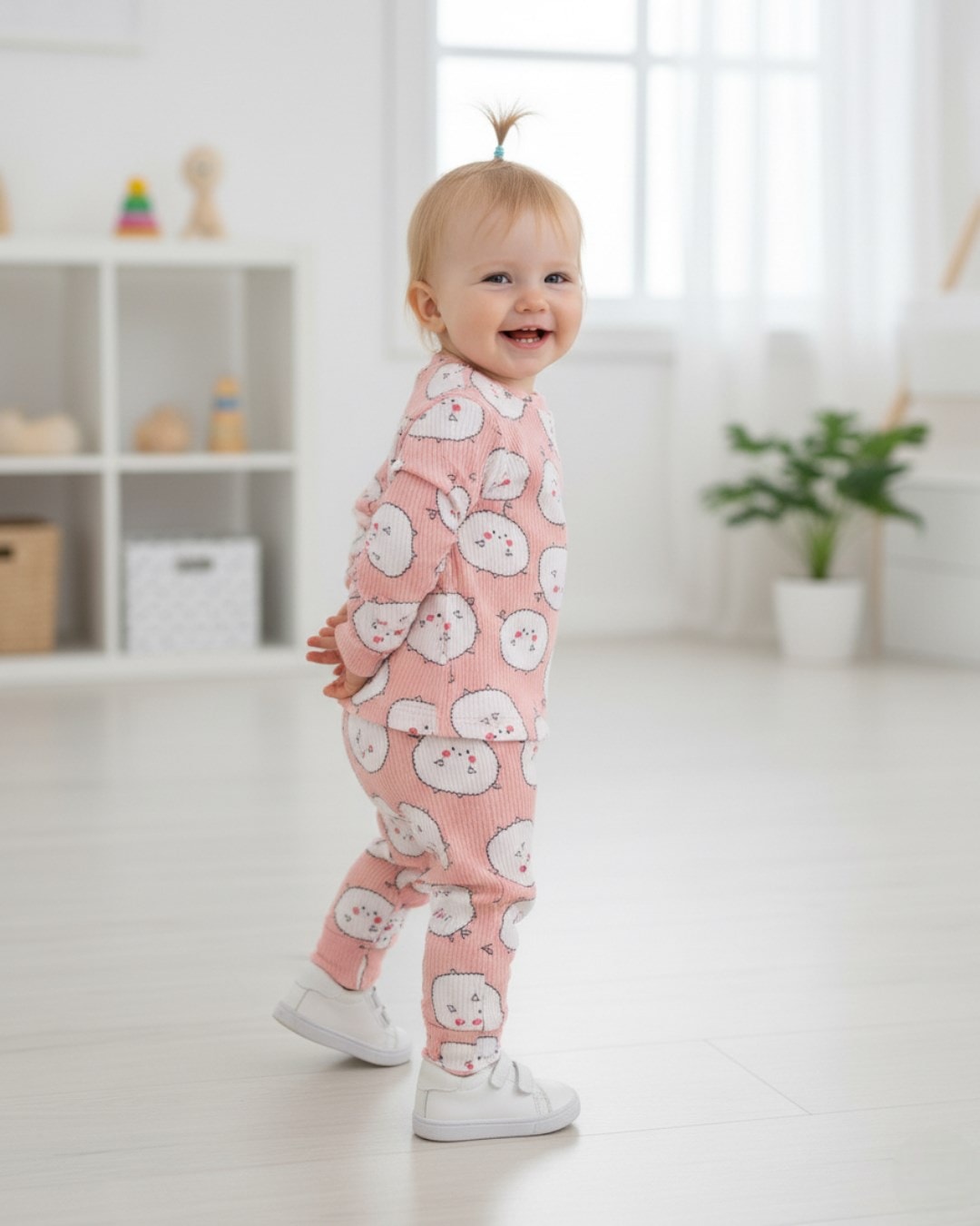 Kız Bebek Ayıcık Baskılı İnce Mevsimlik Gecelik Pijama Takımı, Esnek İnce Kumaş R2037