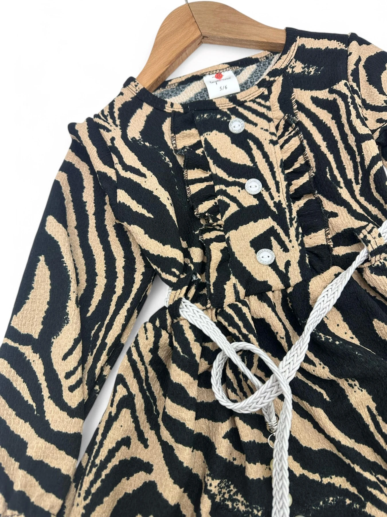 KIZ ÇOCUK ZEBRA DESENLİ BÜRÜMCÜK KUMAŞ MEVSİMLİK 5-6-7-8-9-10-11-12 YAŞUZUN KOLLU ELBİSE  R1636