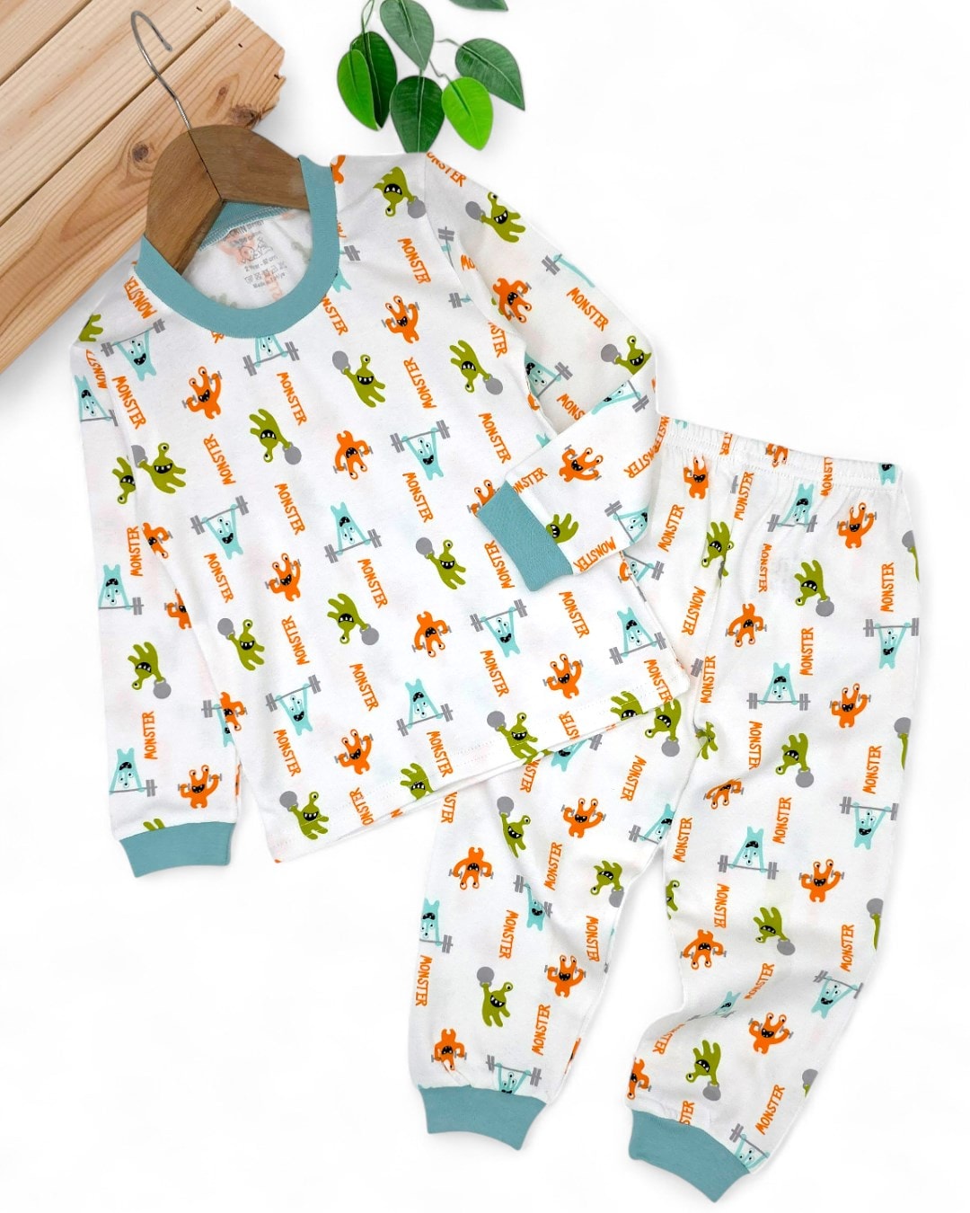 Erkek Bebek Baskılı Mevsimlik %100 Pamuklu Bisiklet Yakalı Gecelik Pijama Takımı 6-24 Ay R2253