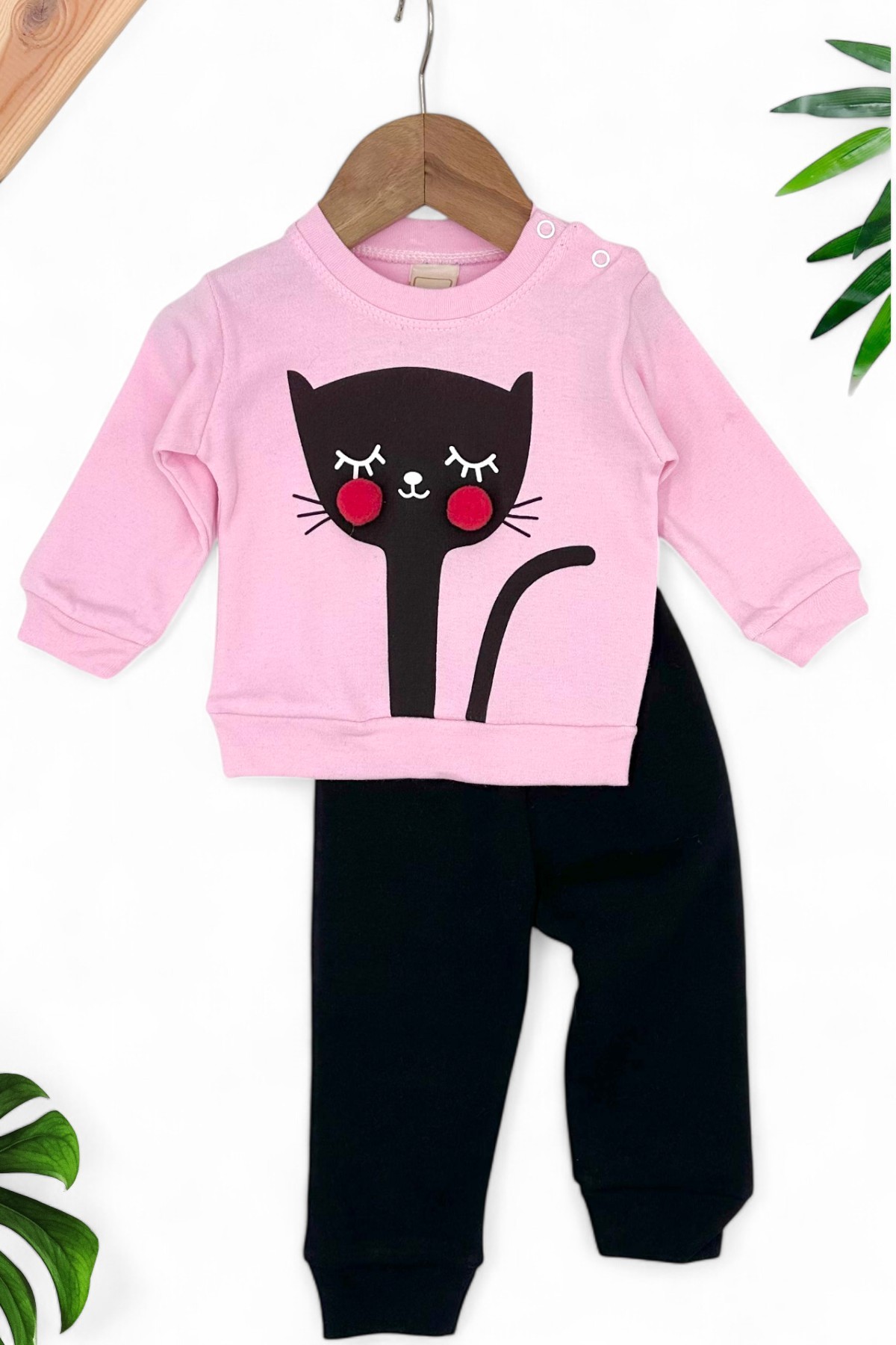 KIZ BEBEK MEVSİMLİK KEDİ BASKILI 3-6-9-12 AY GÜNLÜK ALT ÜST TAKIM R1330 - PEMBE