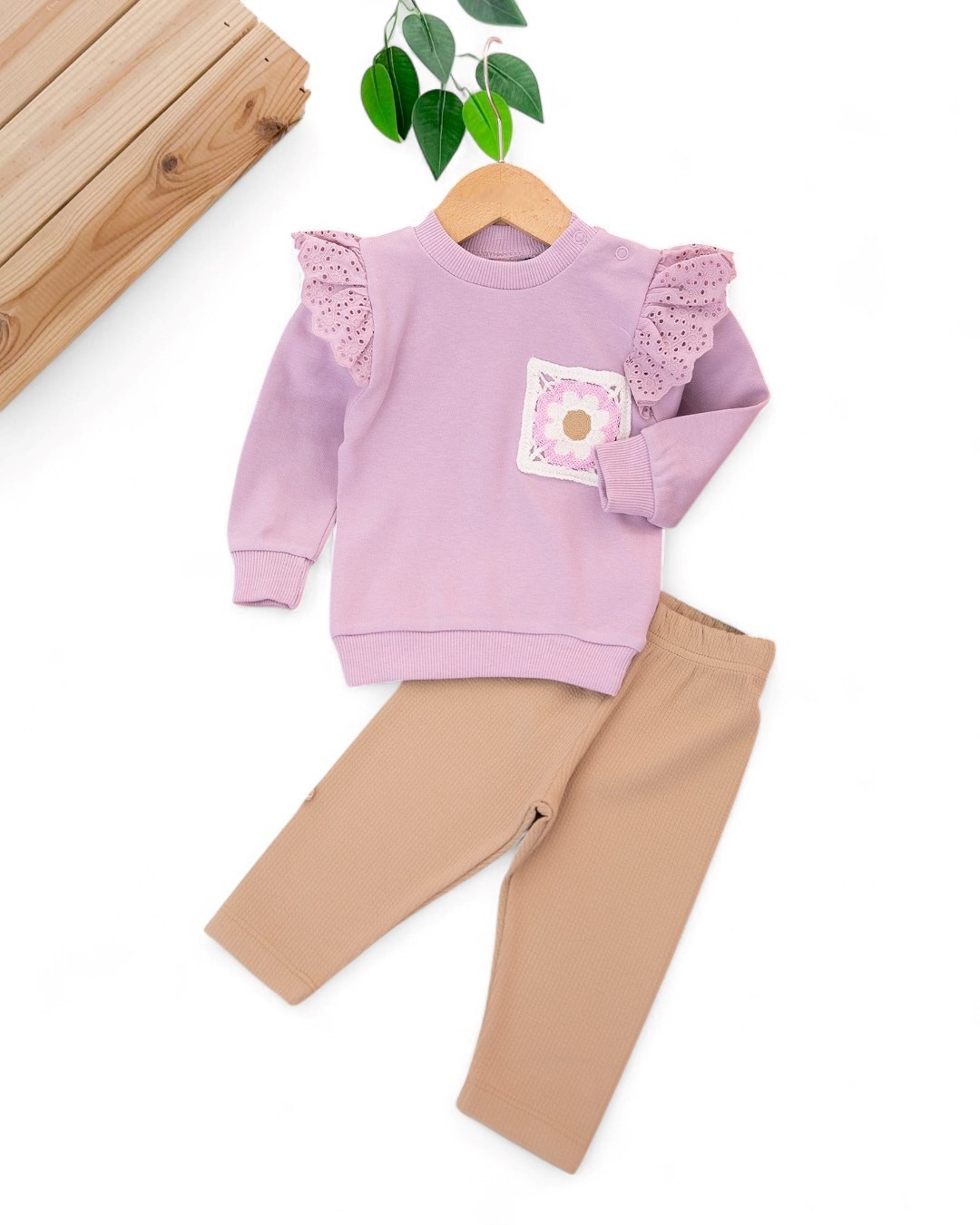 Kız Bebek Çiçekli Cep Detaylı Fitilli Taytlı 6-9-12-18-24 Ay Mevsimlik Kız Takım R2120 - MOR
