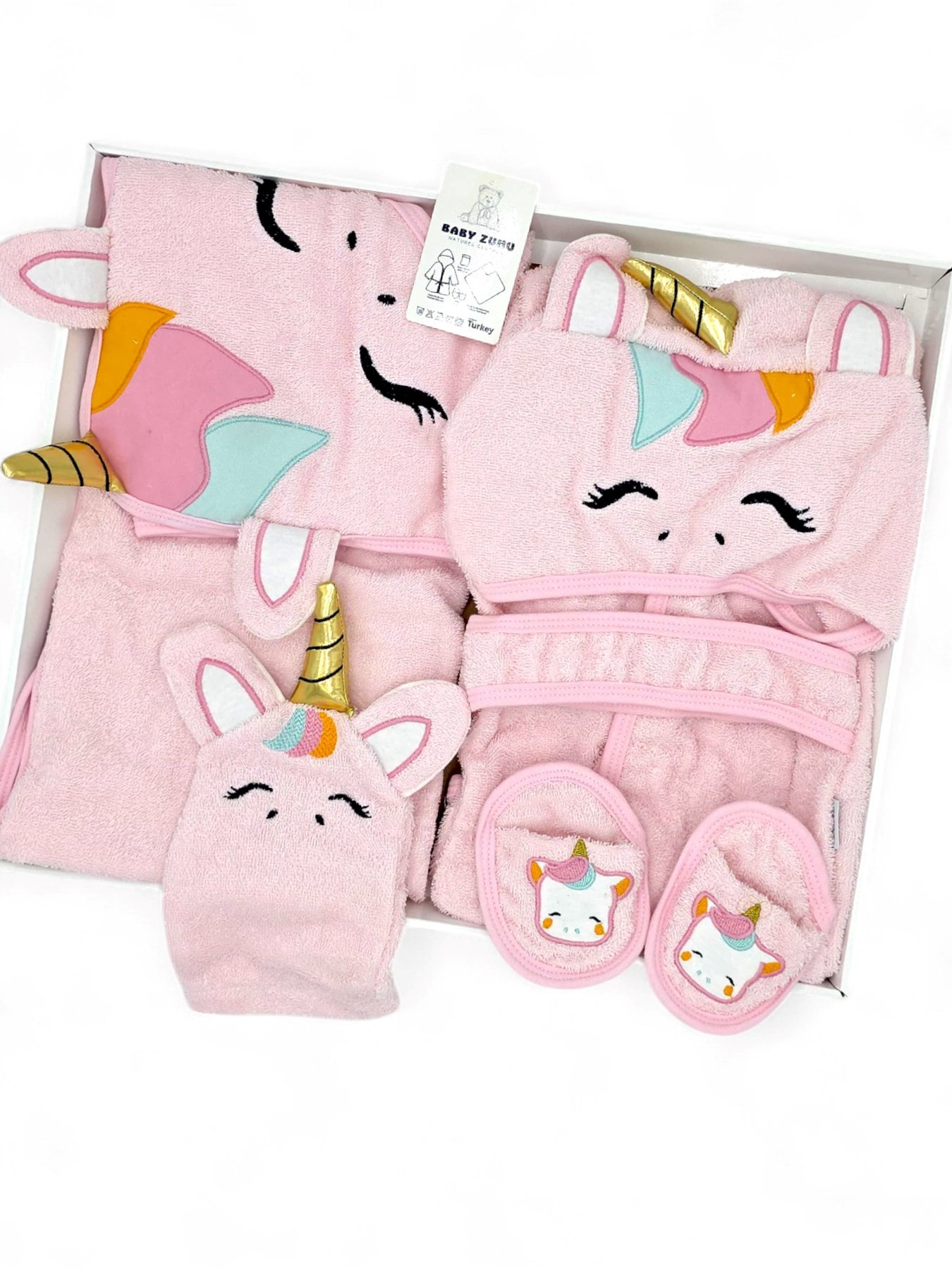 KIZ BEBEK 0-4 YAŞ PEMBE UNICORN DESENLİ HAVLU VE BORNOZ TAKIMI + KESE VE TERLİKLİ BANYO SETİ BN8