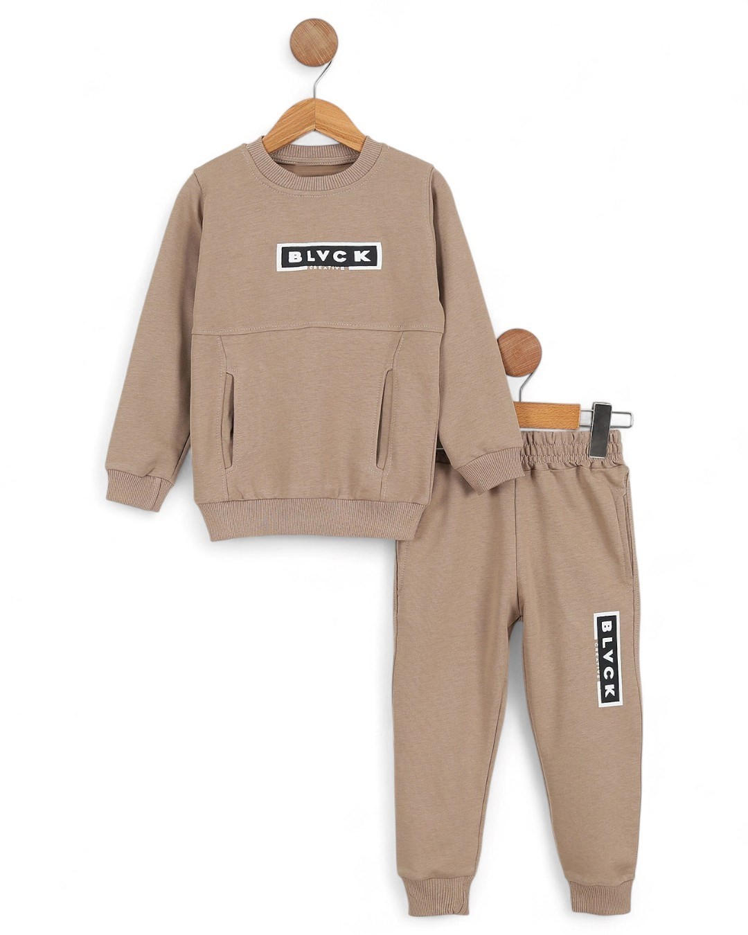 Erkek Çocuk Baskılı Sweatshirt Cep Detaylı 2-3-4-5-6-7-8-9-10 Yaş Mevsimlik Okul Eşofman Takımı R2194 - BEJ