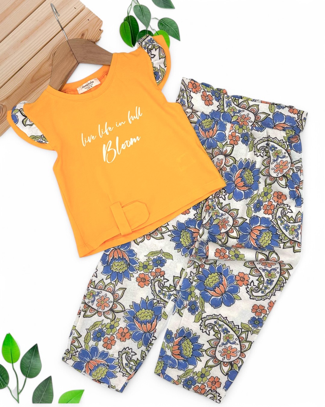 KIZ ÇOCUK ETNİK DESEN KETEN PANTALONLU YAZLIK 2-3-4-5-6 YAŞ ALT ÜST TAKIM R1713 - TURUNCU