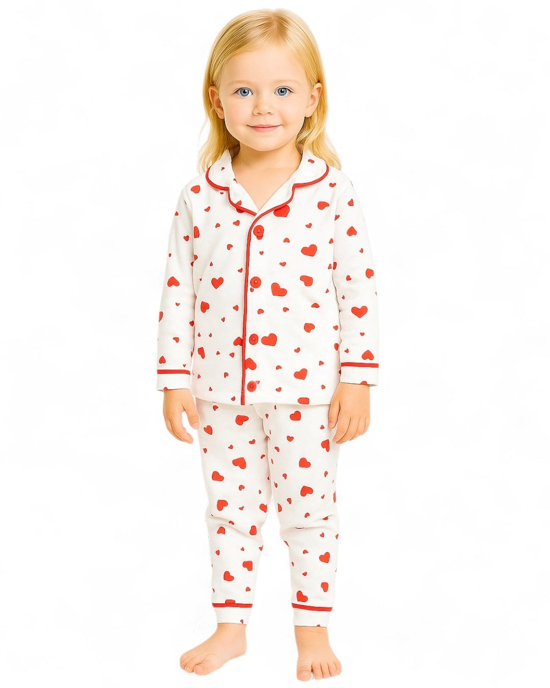 Kız Çocuk Büyük Kalp Baskılı ruvaze Yakalı, Düğmeli Mevsimlik Gecelik Pijama Takımı 3-14 Yaş R2185