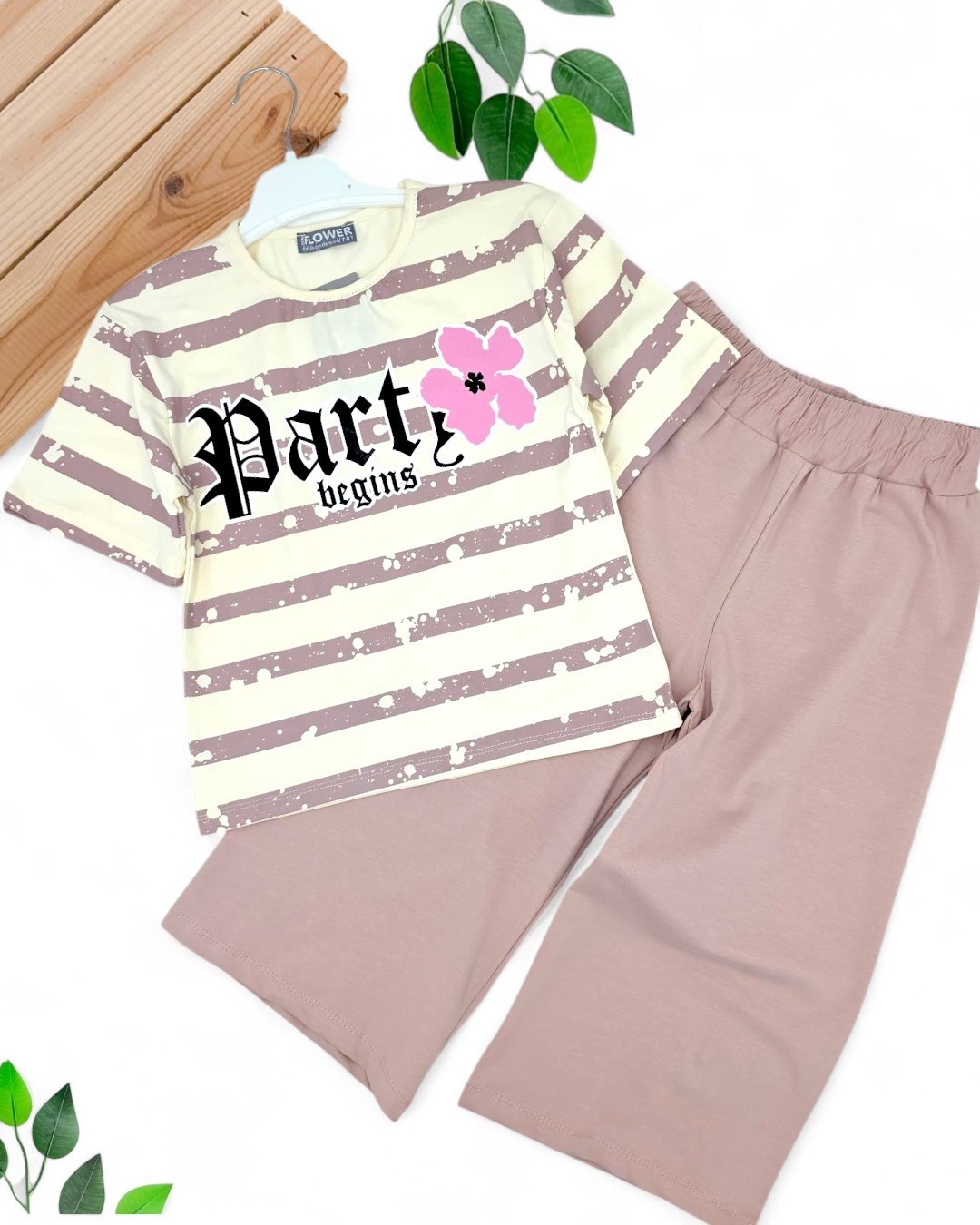 KIZ ÇOCUK YAZLIK ÇİZGİLİ T-SHIRT GENİŞ PAÇA KAPRİLİ 8-12 YAŞ COMPACT ALT ÜST TAKIM R1886