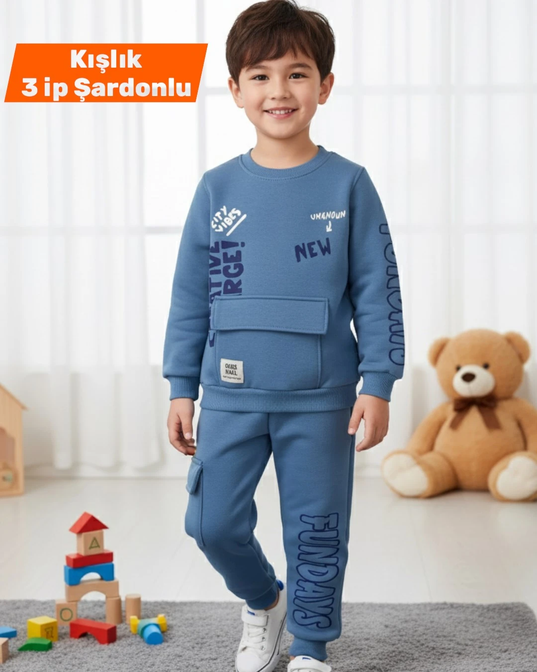 Erkek Çocuk Kışlık 3 İp Şardonlu Cep Detalı 2-10 Yaş Eşofman Takımı R2278 - MAVİ