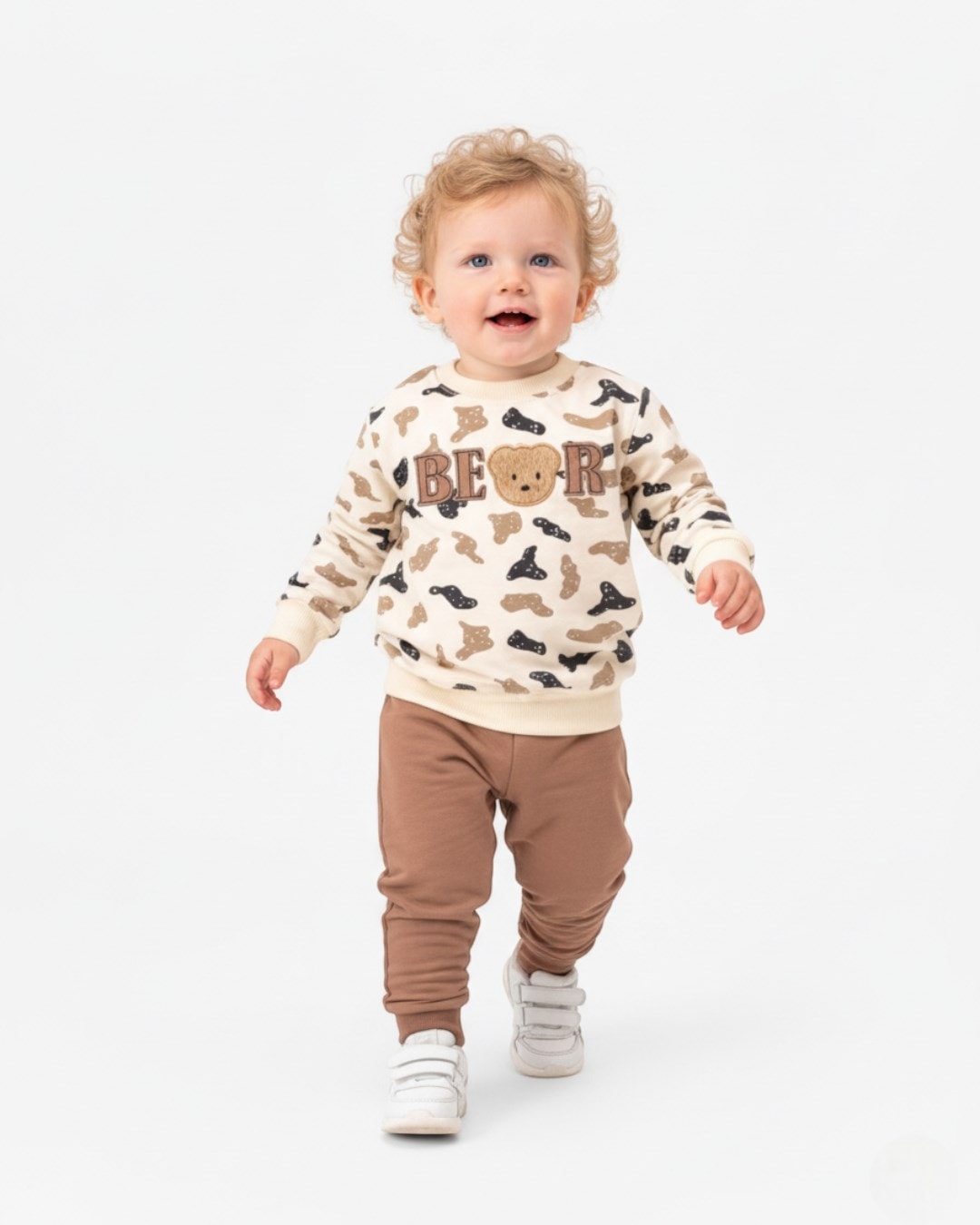 Erkek Bebek Bear Nakışlı Mevsimlik 2’li Takım - Uzun Kollu Sweatshirt ve Pantolon 6-24 Ay R1980 - KAHVE
