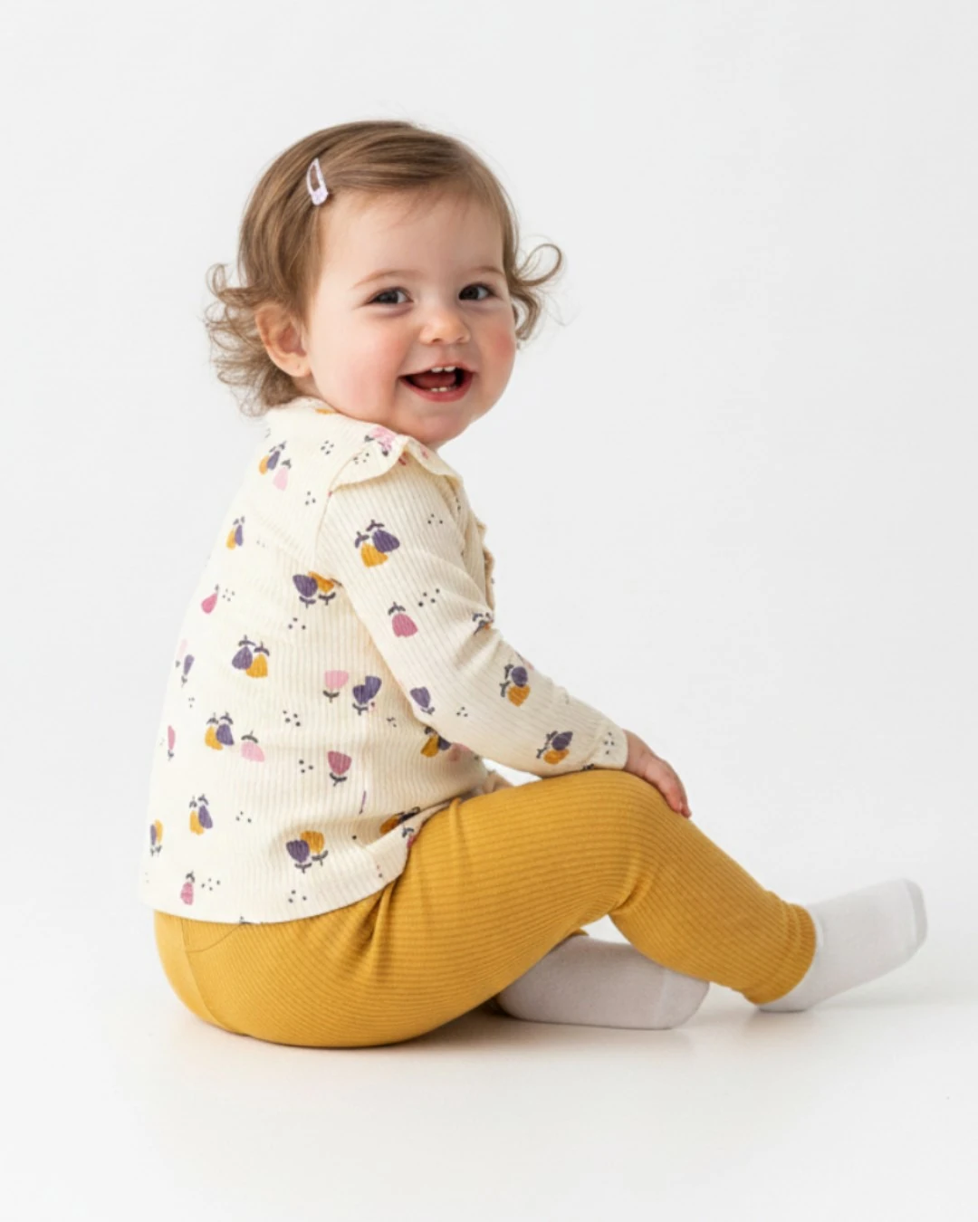 Kız Bebek Lale Baskılı Ribana Kumaş, Fitilli Şık Taytlı Alt Üst Bebek Takımı l 6-24 Ay l Mevsimlik R2381