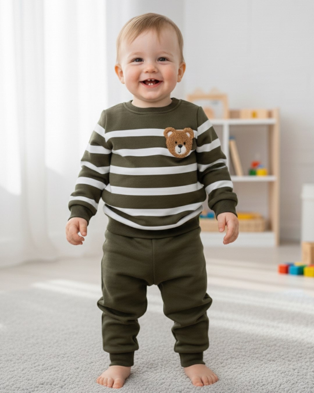 Erkek Bebek Çizgili 1-2-3 Yaş, Ayıcık Nakışlı Kışlık 3 İp Şardonlu Alt Üst Eşofman Takımı R2335 - HAKİ