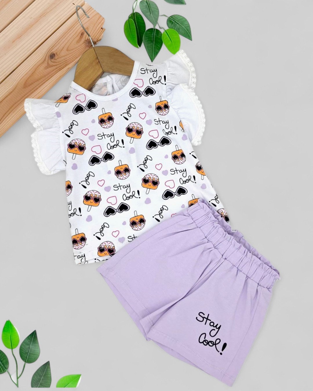 KIZ BEBEK DONDURMA BASKILI T-SHİRT VE ŞORTLU YAZLIK COOL TAKIM 6-9-12-18 AY R885